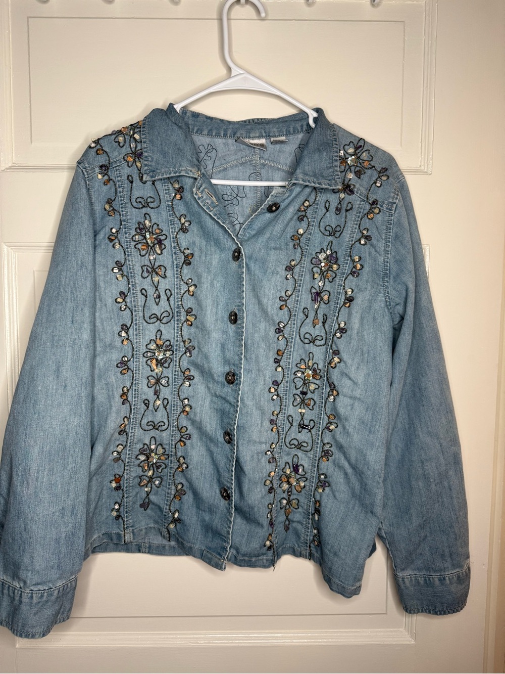 Chico's Light Blue Embroidered Denim Jacket with gemstones and bead stitching